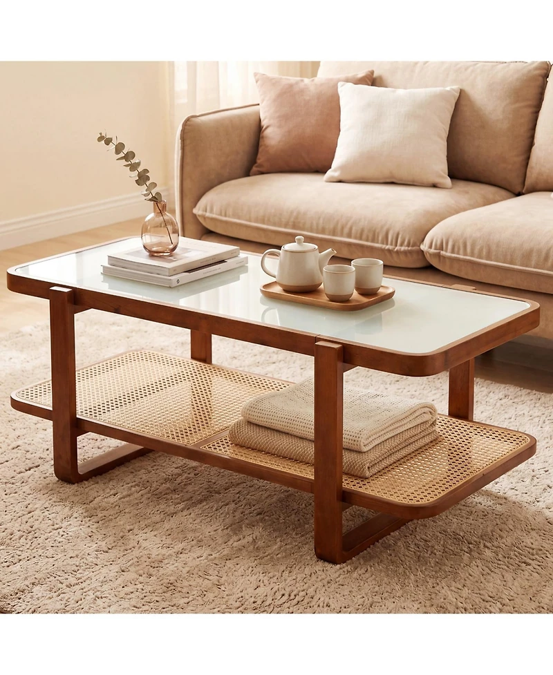 Slickblue Living Room Rattan Coffee Table with Glass Top and Lower Storage Shelf