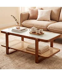 Slickblue Living Room Rattan Coffee Table with Glass Top and Lower Storage Shelf
