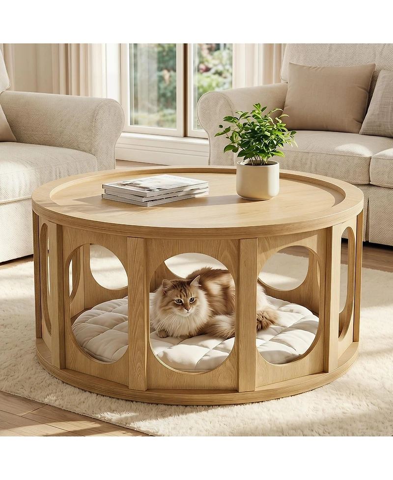 Tribesigns 31.5" Modern Round Coffee Table with Open Storage Shelf, Wood Grain Center Table