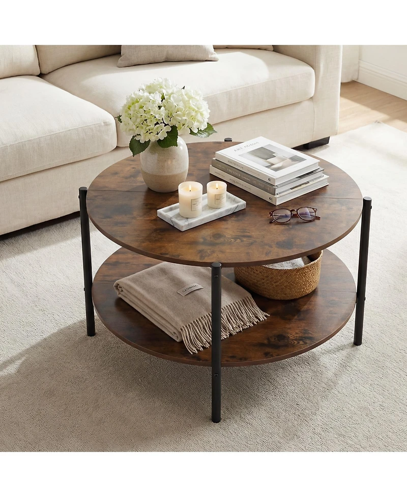 Gymax Round Coffee Table with Open Storage Shelf Circle Cocktail Table for Living Rooms