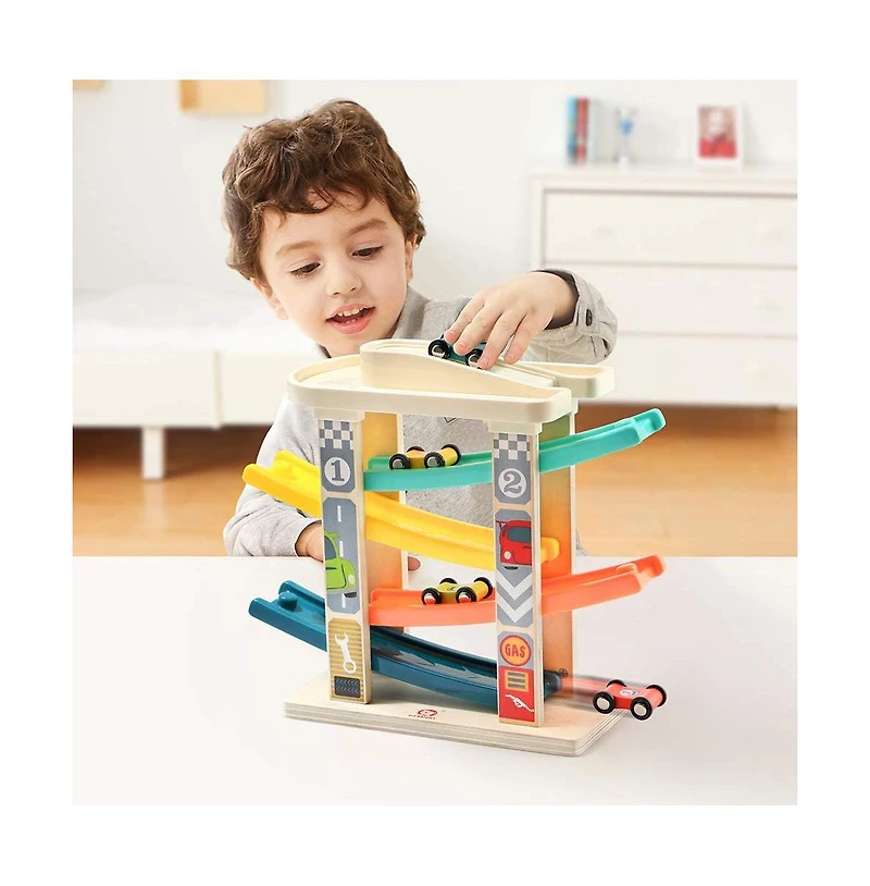 Top Bright Toddler Toys Wooden Car Ramp Race Track Set Zig Zag track Car Toys For Toddlers With 4 Different Colors Cars