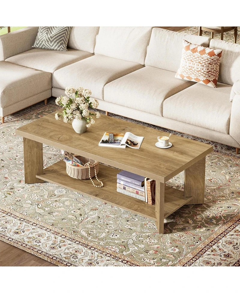 Tribesigns 47-Inch Coffee Table for Living Room, Farmhouse Rectangle Center Cocktail Table with Storage Shelves, Rustic Wooden Accent Tea Furniture