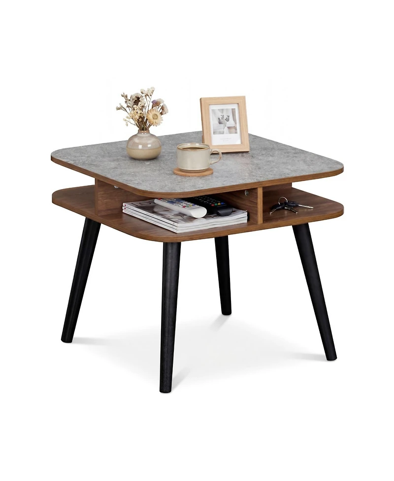 Slickblue Modern Side Table with Faux Marble Top, Storage Shelves and Wood Legs