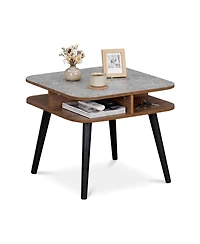 Slickblue Modern Side Table with Faux Marble Top, Storage Shelves and Wood Legs