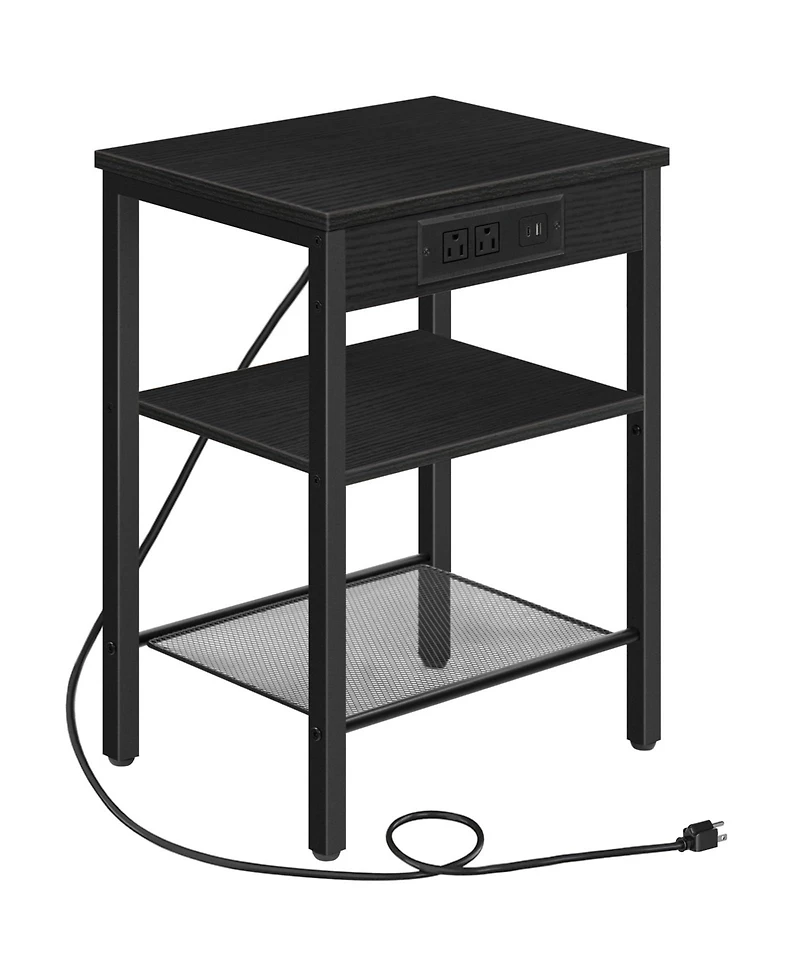 Slickblue Side Table with 3 Shelves and Built-In Charging Station for Bedroom