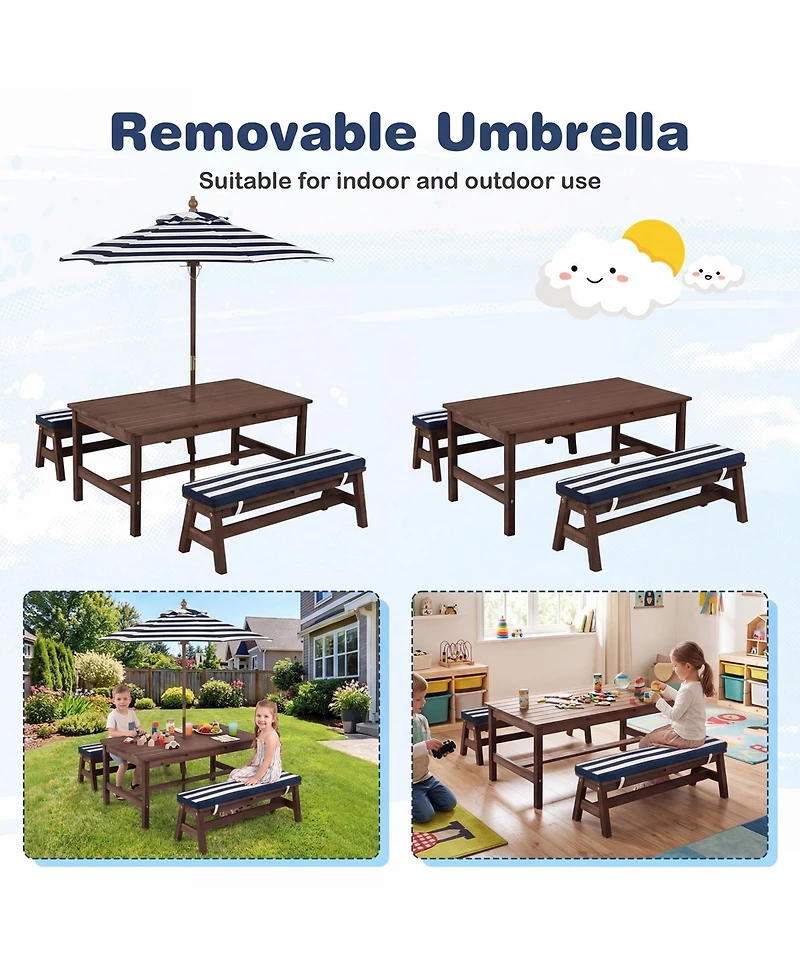Gymax Kids Picnic Table Outdoor Wooden Table and Bench Set with Removable Umbrella