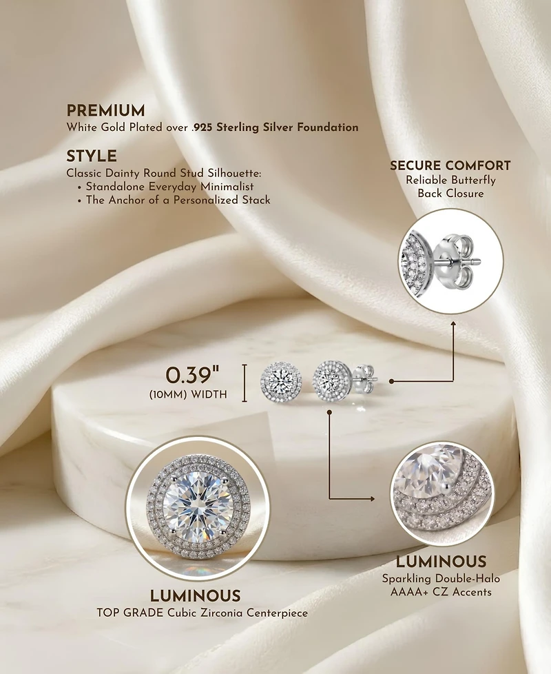 Cubic Zirconia Sterling Silver round Haloed Stud Earrings