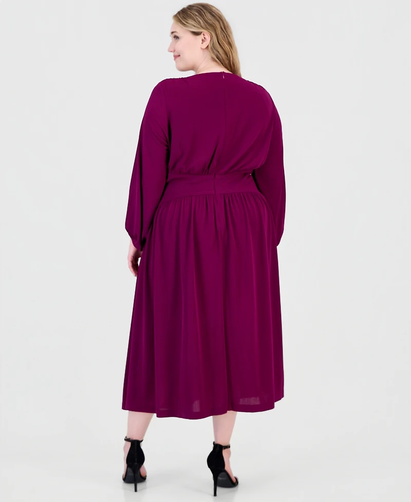 Anne Klein Plus Cross Long-Sleeve Fit & Flare Midi Dress