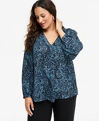 I.n.c. International Concepts Plus Long-Sleeve V-Neck Paisley-Print Blouse, Macy's Exclusive