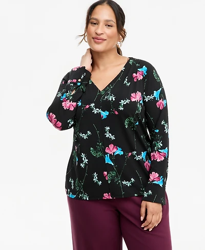 I.n.c. International Concepts Plus Long-Sleeve V-Neck Pleated-Shoulder Blouse, Macy's Exclusive