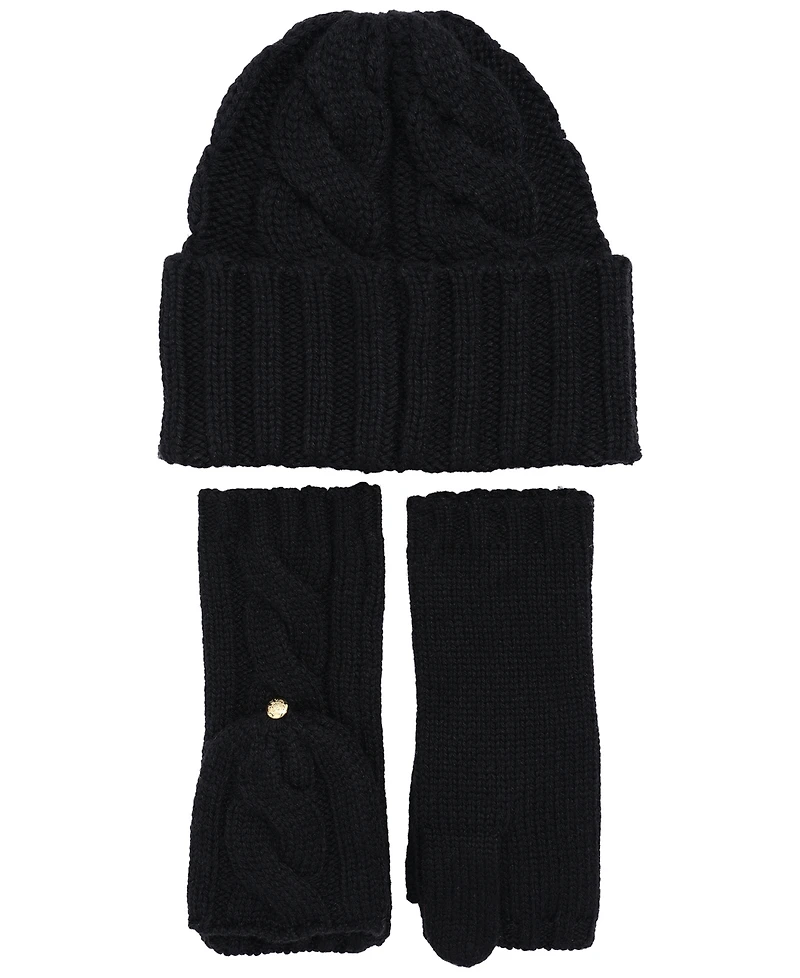 Lauren Ralph Convertible Cable Beanie and Mittens Set