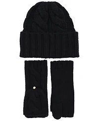 Lauren Ralph Convertible Cable Beanie and Mittens Set