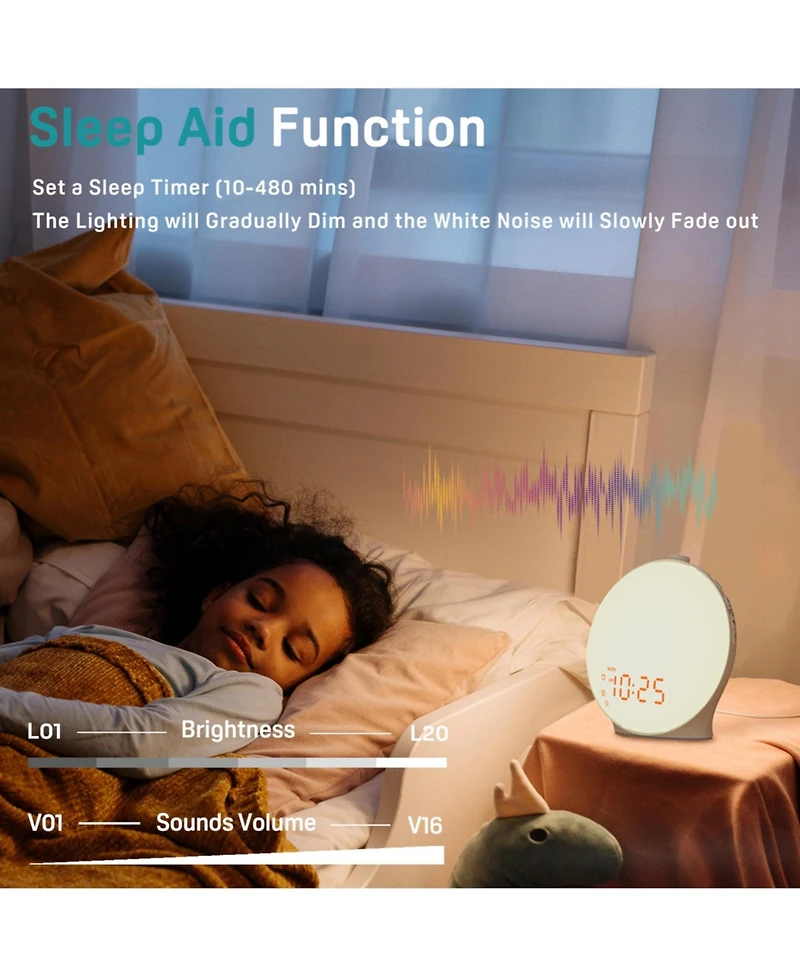 Jall All in One Sunrise Alarm Clock Noise Machine with 25 Soothing Sounds 17 Night Lights Bluetooth Speaker Dual Alarms Unlimited Snooze