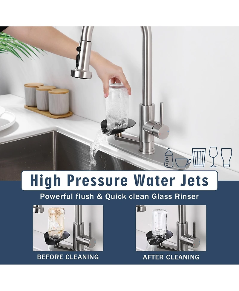 Phying 3-in-1 Kitchen Faucet with Press-Type Glass Rinser, High-Arc Pull-Down Sprayer Faucet