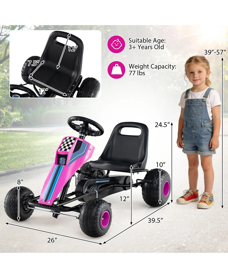 Gymax Pedal Go Kart for Kids 4-Wheel Ride On Toy with Steering Wheel and Safe Handbrake