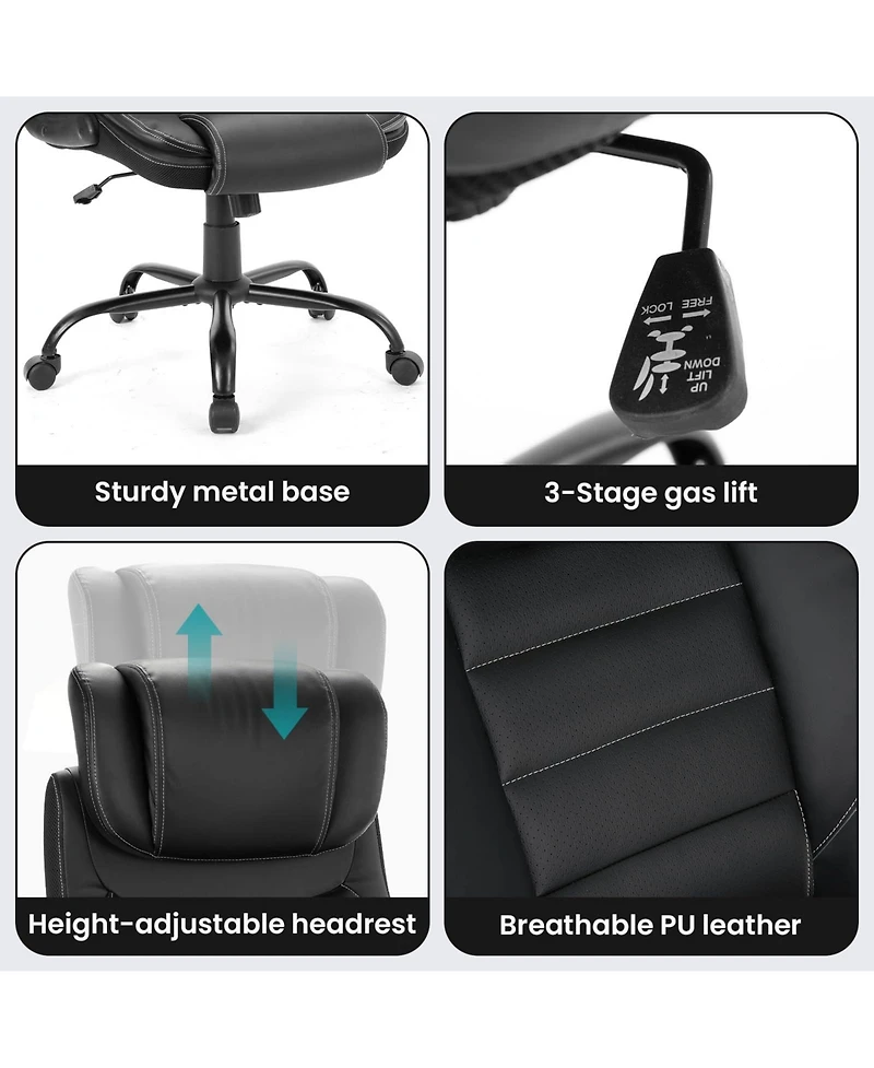 homfan Big and Tall Executive Chair 400 lbs Ergonomic Leather Desk Chair with Lumbar Support and Adjustable Headrest for Long Sitting