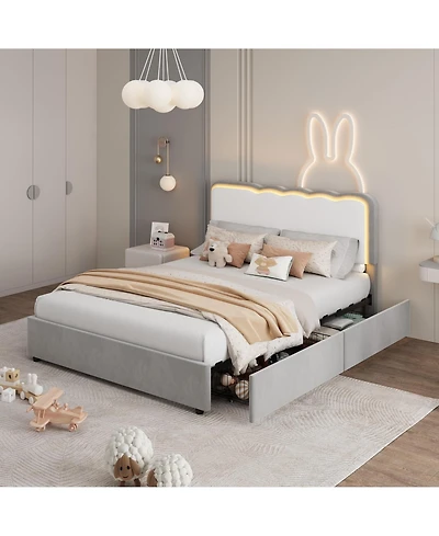 gaomon velvet Led bed frame with storage drawers, adjustable headboard, princess-style frame