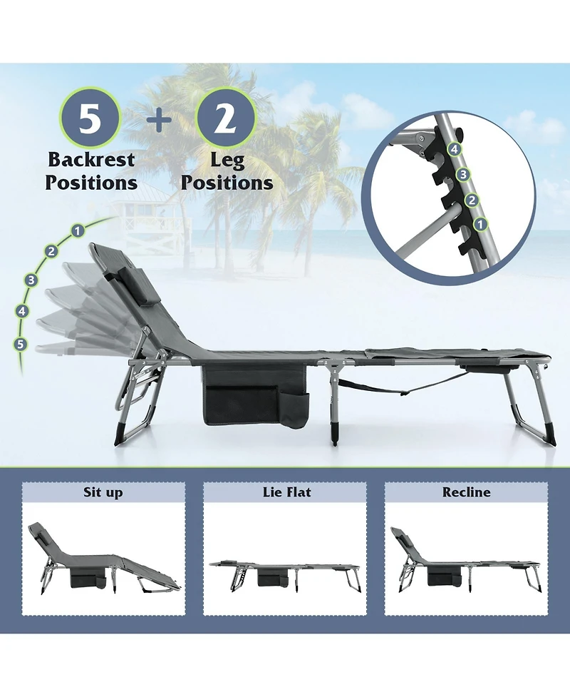 Gymax Outdoor Folding Chaise 5-Position Lounge Chair with Face Hole and Adjustable Footrest