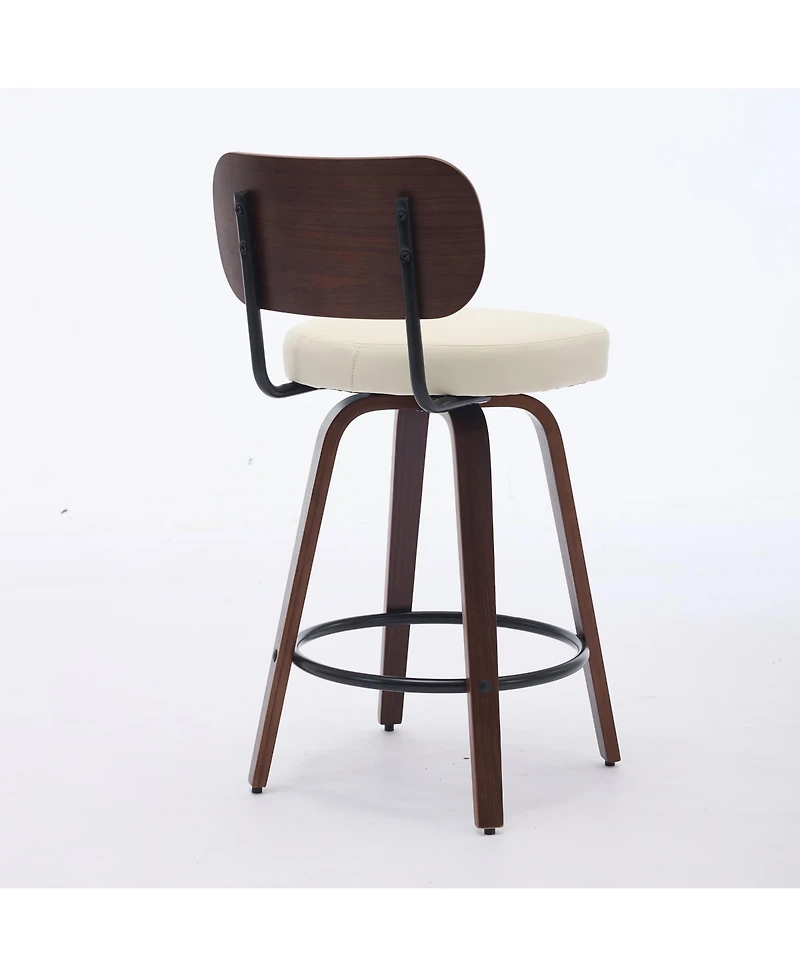 Clihome Swivel Bar Stools Set of 2, 26" Upholstered Faux Leather Counter Height Barstools with Walnut Back and Bentwood Legs,Counter