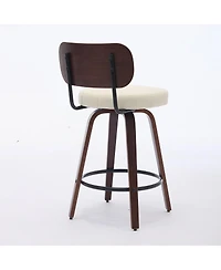 Clihome Swivel Bar Stools Set of 2, 26" Upholstered Faux Leather Counter Height Barstools with Walnut Back and Bentwood Legs,Counter