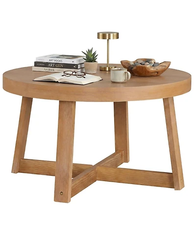 Gymax 30'' Round Coffee Table with Solid Wood Cross-Shaped Base.Farmhouse Accent Tea Table