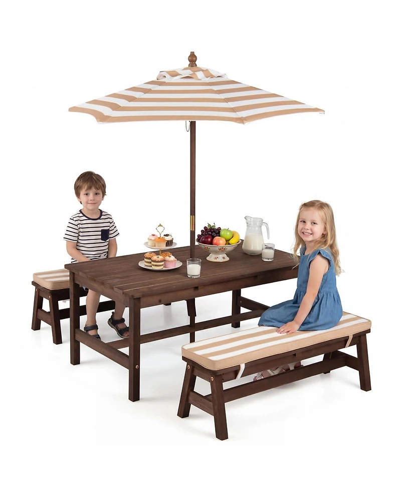 Gymax Kids Picnic Table Outdoor Wooden Table and Bench Set with Removable Umbrella