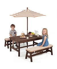Gymax Kids Picnic Table Outdoor Wooden Table and Bench Set with Removable Umbrella