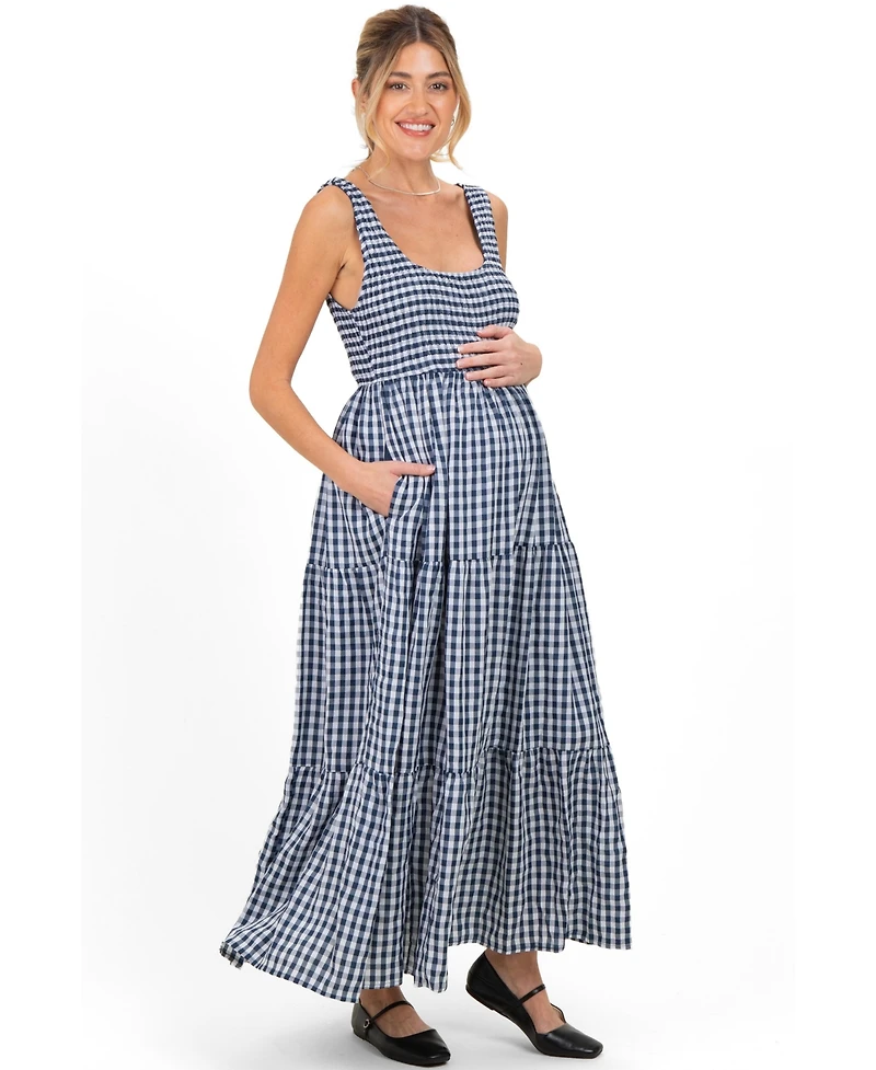 Pinkblush Maternity Blue Gingham Sleeveless Tiered Maxi Dress