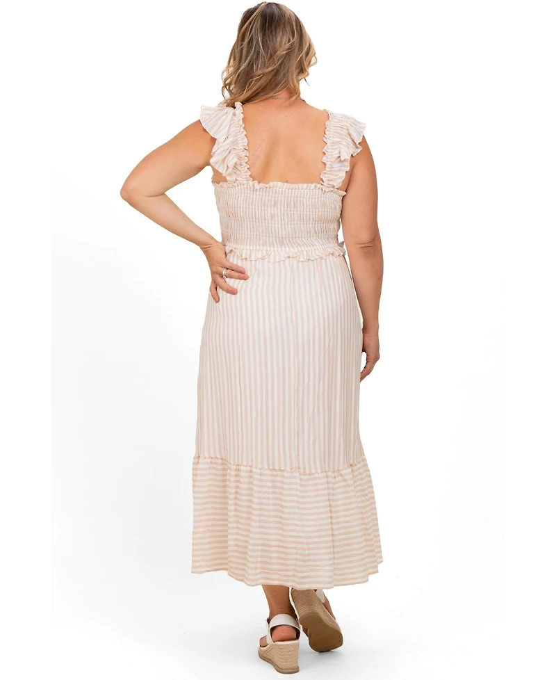 Pinkblush Plus Light Khaki Striped Smocked Midi Dress