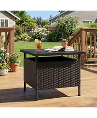 Patio Square Wicker Side Table with Umbrella Hole for Yard Garden Poolside