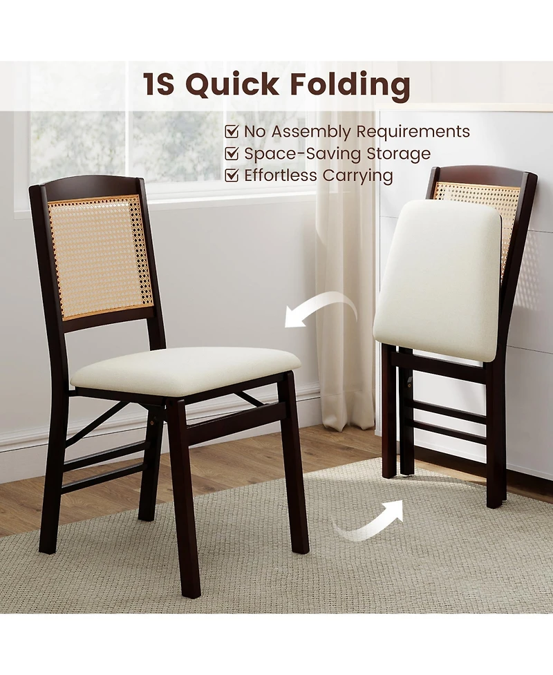 Gymax Folding Dining Chairs Set of 2 w/Linen Padded Seat and Rattan Backrest for Kitchen
