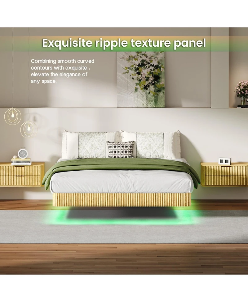 Rainsken Floating Bed Frame with Led Lights, Fluted Wave Curve Wood Floating Bed Frame, with Heavy Duty Metal Slats - No Box Spring Needed