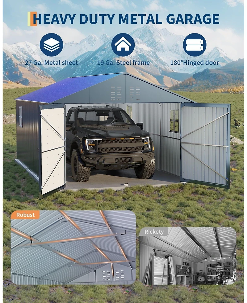 Homfan Fully Enclosed Iron Carport with Double Hinge Doors and 4 Skylight Windows, Heavy Duty Garage Shelter