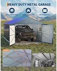 Homfan Fully Enclosed Iron Carport with Double Hinge Doors and 4 Skylight Windows, Heavy Duty Garage Shelter