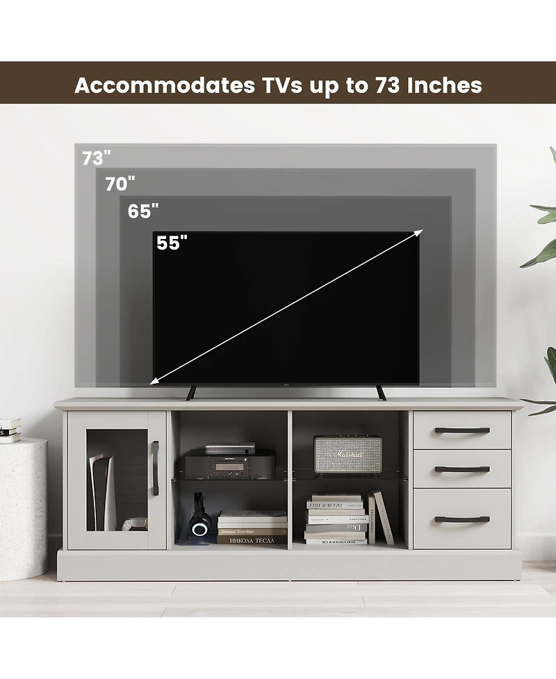 Slickblue 63 Inch Media Console Table with 3 Drawers and 2 Glass Shelves