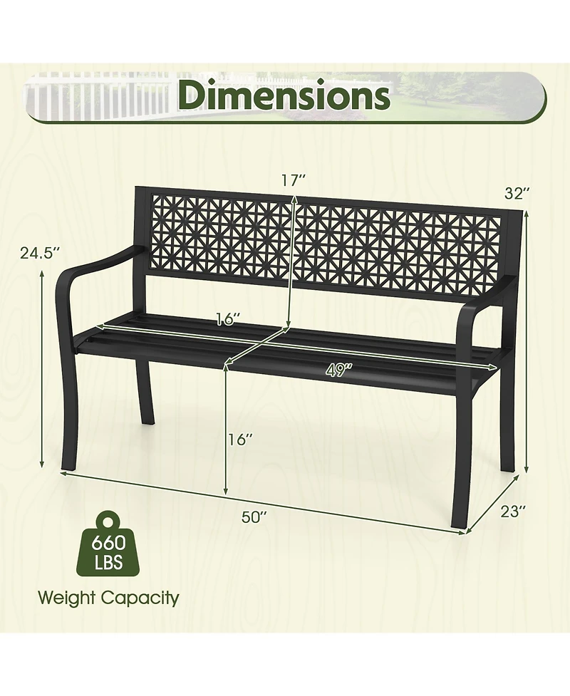 Slickblue Metal Garden Bench with Patterned Back Design for 2-3 Person Seating