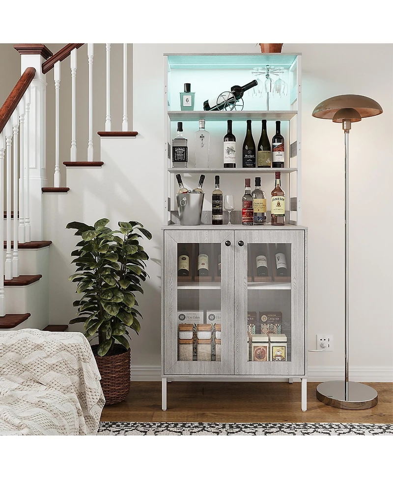 gaomon 67 Inch Home Bar Cabinet, Wine Storage with Built-in Power Outlets, Led Lighting for Living Room