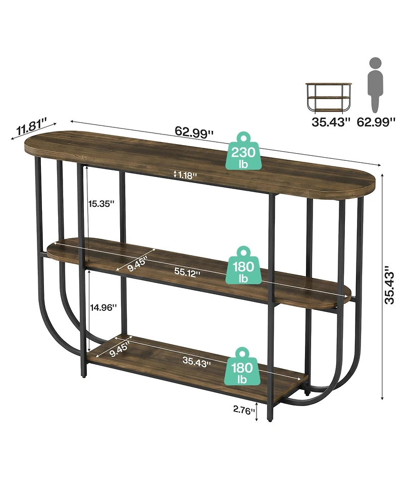 Tribesigns 63" Entryway Table, 3-Tier Narrow Console Table with Curved Metal Frame, Modern Vintage Sofa Foyer Furniture