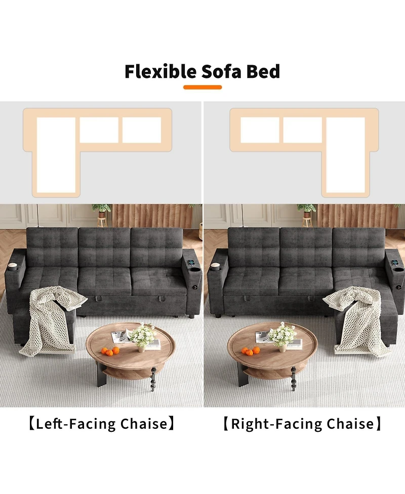 homfan Velvet Sectional Sofa Bed – Chaise Lounge Sleeper Couch with Usb Ports and Cup Holders for Living Room