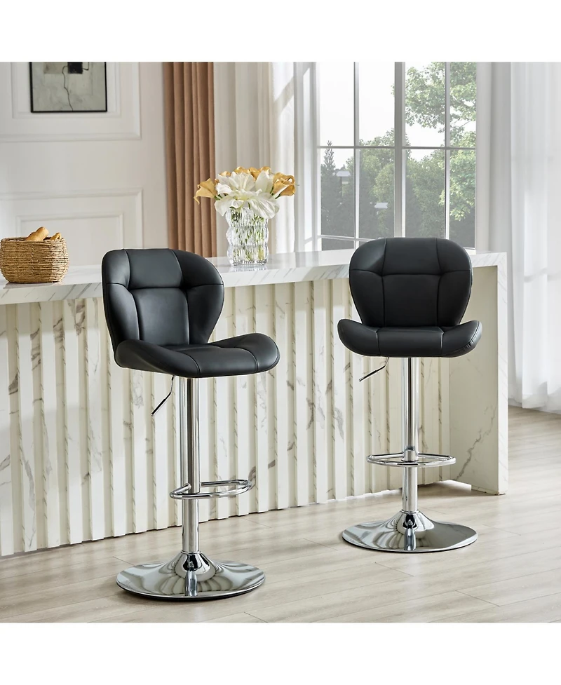 Rainsken Set of 2 Height Adjustable Bar Stools, with Chrome-Plated Metal Base, Pu Upholstered Tufted Backrest Chairs, for Bar Kitchen Dining Room