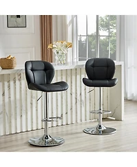 Rainsken Set of 2 Height Adjustable Bar Stools, with Chrome-Plated Metal Base, Pu Upholstered Tufted Backrest Chairs, for Bar Kitchen Dining Room