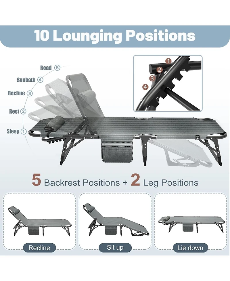 Mooncool Sleeping Cots Folding Chaise Lounge Chairs 5-Position Outdoor for Beach Lawn Camping Pool