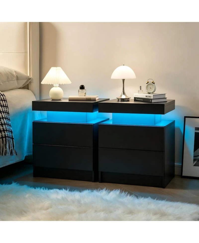 Rainsken Night Stand Set 2, Led Nightstand with 2 Drawers, Modern End Side Table, for Bedroom