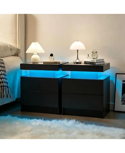 Rainsken Night Stand Set 2, Led Nightstand with 2 Drawers, Modern End Side Table, for Bedroom