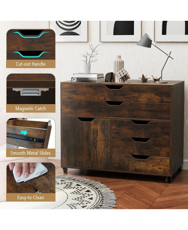 Vertical 5-Drawer Mobile Chest with Door and 5 Casters – Modern Storage Cabinet for Bedroom or Office