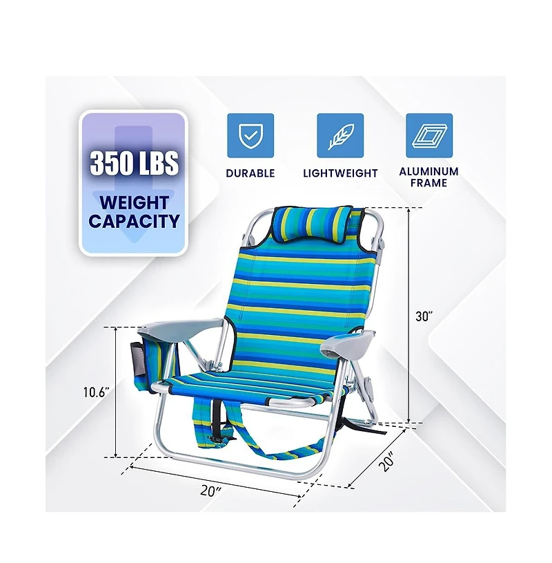 Aofar Portable Recliner Chair Camping Folding Lay Flat 5 Positions Headrest Pouch Cup Holder Striped