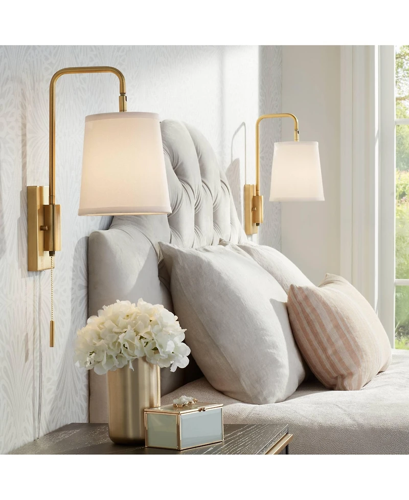 360 Lighting Luca Swing Arm Wall Lamps Set of 2 Warm Brass Metal Plug-in Light Fixture Fabric Shade for Bedroom Bedside Living Room Reading Home