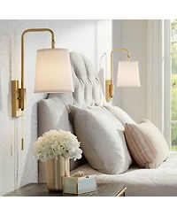 360 Lighting Luca Swing Arm Wall Lamps Set of 2 Warm Brass Metal Plug-in Light Fixture Fabric Shade for Bedroom Bedside Living Room Reading Home