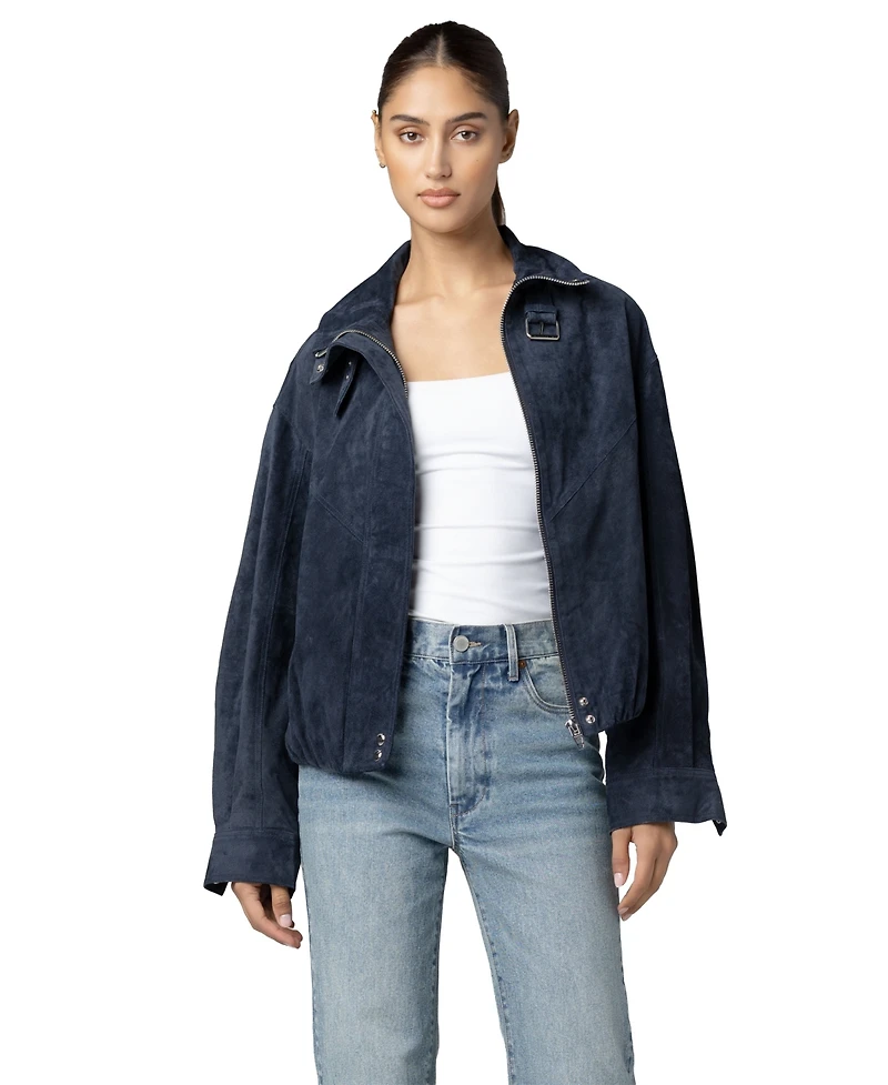 Blank Nyc Women's Midnight Drift High Collar Suede Bomber Jacket