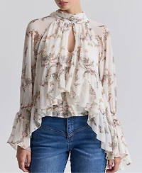 Avec Les Filles Women's Floral High-Neck Puff-Sleeve Top